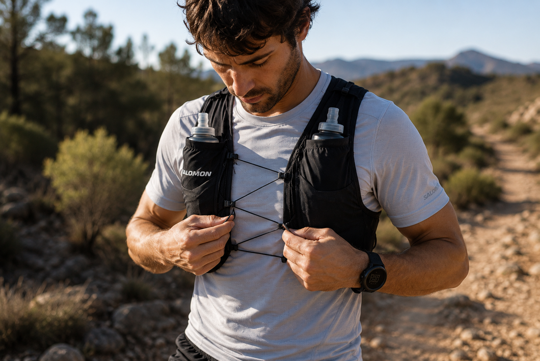 Runner che regola i cordini anteriori di un gilet di idratazione Salomon prima di un'uscita di trail running